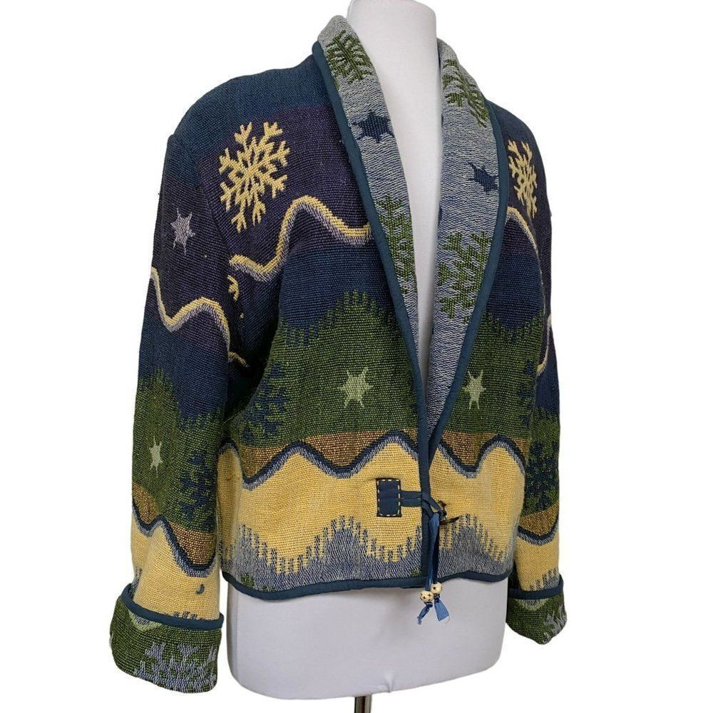 Flashback Vtg Art to Wear Cotton Tapestry Jacket Sz L Shawl Collar Southwestern